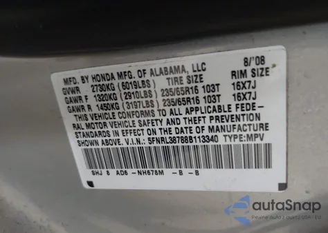 2008 Honda Odyssey Exl из США, поврежденный, VIN 5FNRL38788B113340